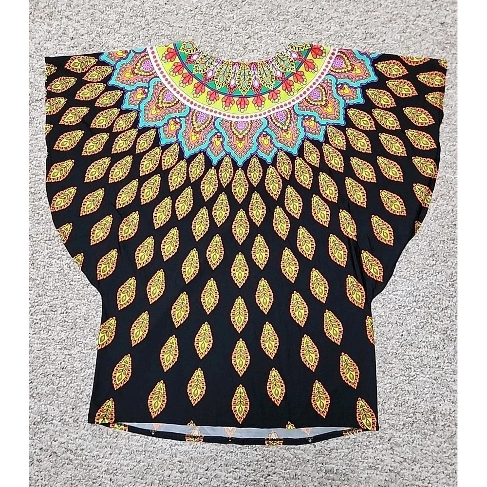 TRINA TURK Moroccan Medallion Black Swimsuit‎ Cover-up Tunic Women Size Large